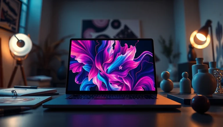 AI NSFW image generator interface on a modern laptop showcasing vibrant artwork.