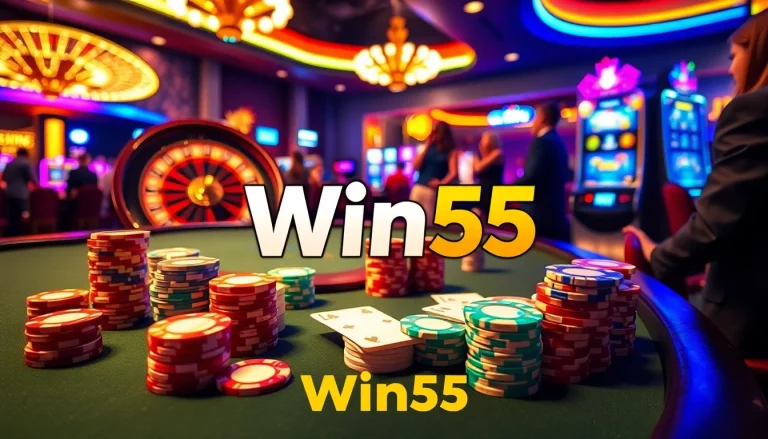 Engaging players enjoying a thrilling Win55 casino experience with colorful chips and cards.