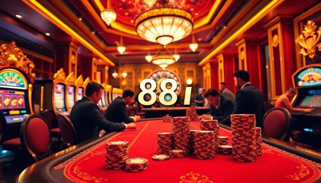 Players enjoying a high-stakes poker game at a luxurious casino featuring "88i" poker chips.