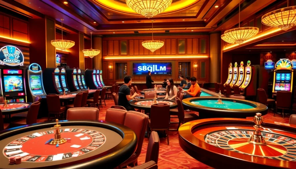 Exciting casino scene featuring games from https://s8glx.com with poker tables and roulette wheels.