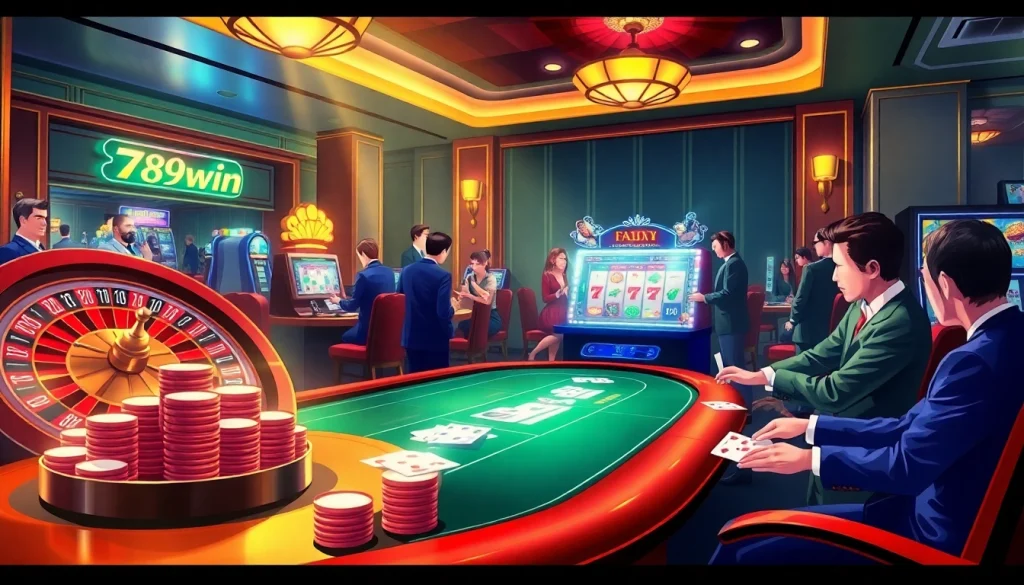 Engaged players enjoy a thrilling atmosphere at 789win's luxurious casino setting with vibrant gaming activities.