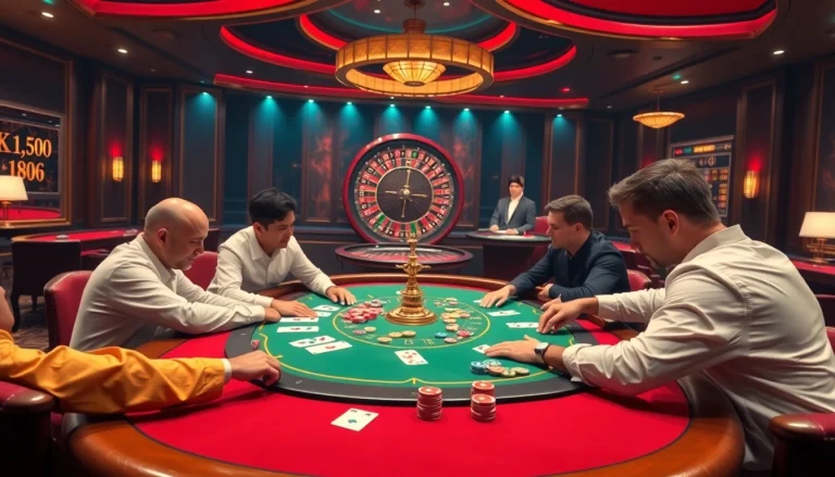Players enjoying poker at the RIKVIP online casino table with vibrant chips and cards.