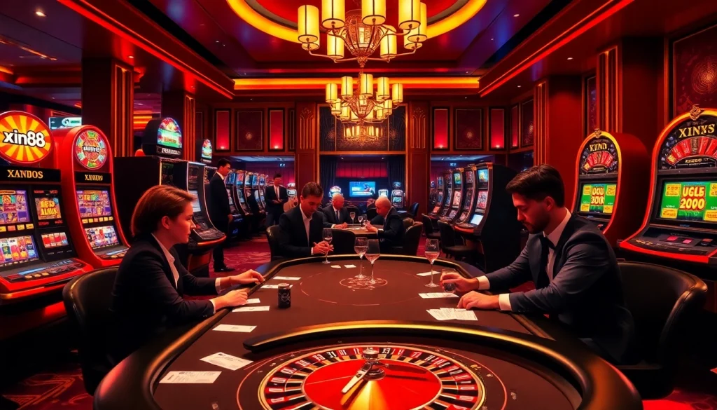 Experience exhilarating gaming at xin88 with luxurious poker tables and vibrant slot machines.
