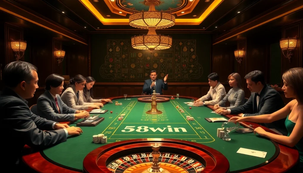 Experience exciting gameplay at 58win with players enjoying table games and vibrant poker chips.