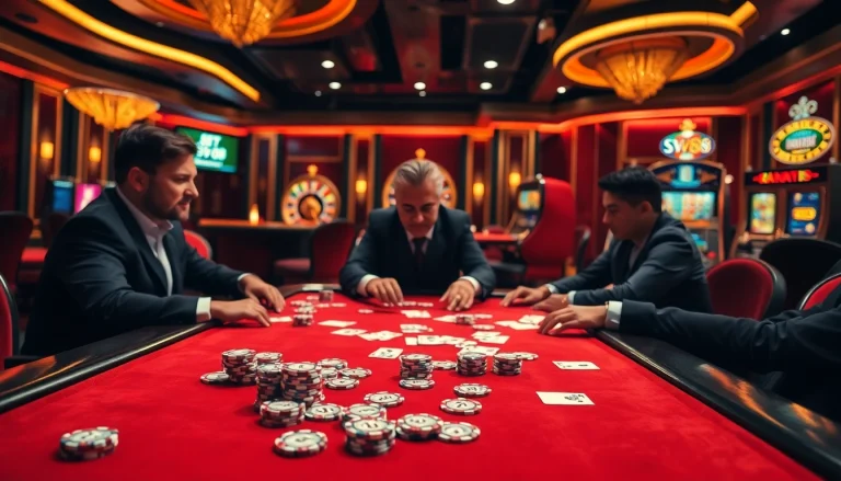 Thrilling poker game at an SV88-branded table, showcasing the excitement of casino nightlife.