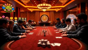 Experience the thrill of high-stakes gambling at FEBET9.club with poker players and spinning roulette wheels.