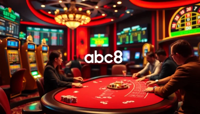 Players enjoy a thrilling poker game at abc8 casino, showcasing vibrant chips and luxury gaming tables.