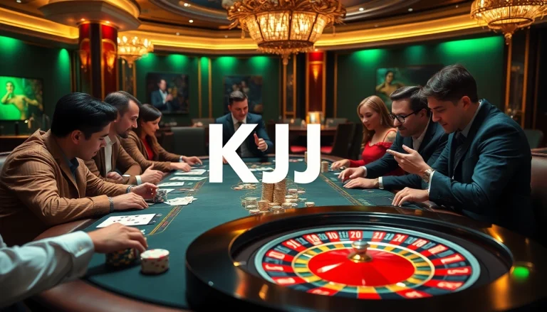 KJC showcases an elite casino atmosphere with players enjoying poker at a lavish table.