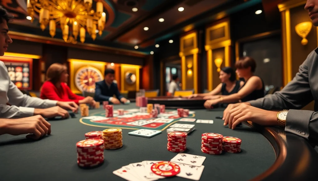 DABET casino scene with players enjoying poker and roulette in a luxurious setting.