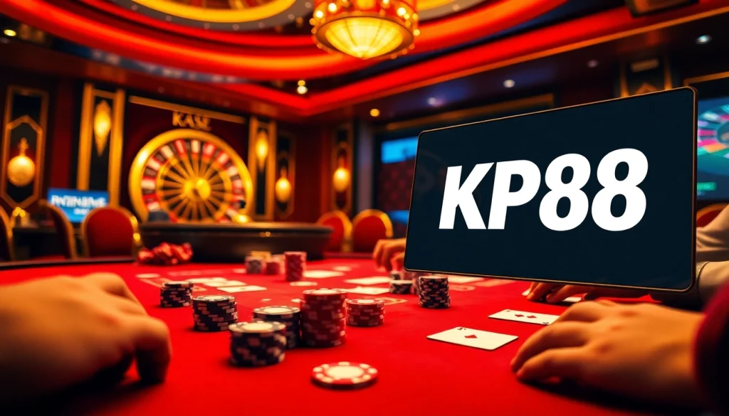 Experience the thrill of KP88 at a bustling casino with vibrant poker tables and exciting gameplay.