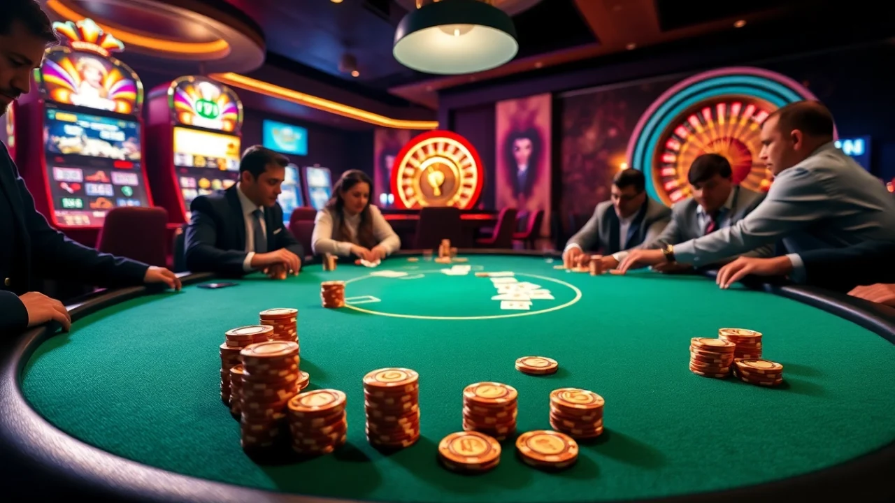 A thrilling poker game at https://jun88pl.com/ featuring rich casino décor and engaged players.