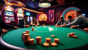 A thrilling poker game at https://jun88pl.com/ featuring rich casino décor and engaged players.