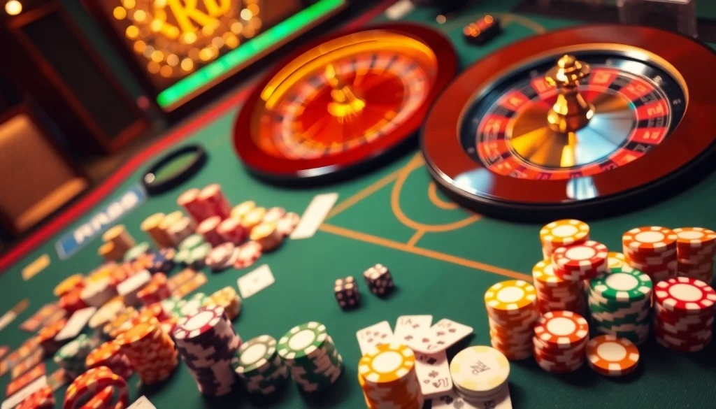 RR88 casino scene showcasing vibrant poker action with colorful chips and intense atmosphere.