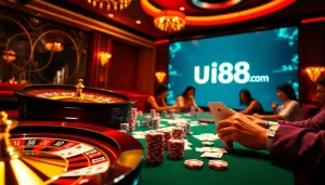Experience thrilling gameplay at uu88 com with poker chips and roulette wheels in a luxurious casino setting.