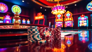 Experience the excitement at 88okwin.com with a stunning casino scene featuring poker chips and roulette.