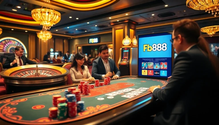 Exciting gambling atmosphere with players at a Fb88 casino table featuring poker chips and cards.
