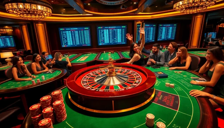 Excited players enjoy luxury gaming at mb66.nyc casino with roulette and blackjack tables.