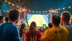 Soccer fans engaging with Vaoluoitv.it.com during a live match screening, showcasing excitement and community.
