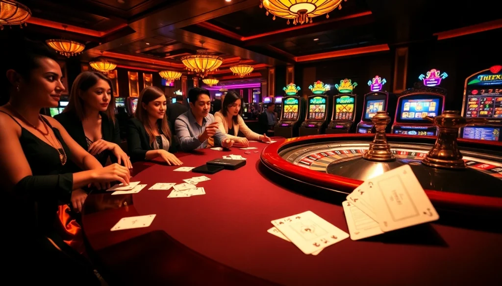 Engaged gamblers at a luxury gaming table, highlighting the excitement of https://thabet77.org/ casino experience.