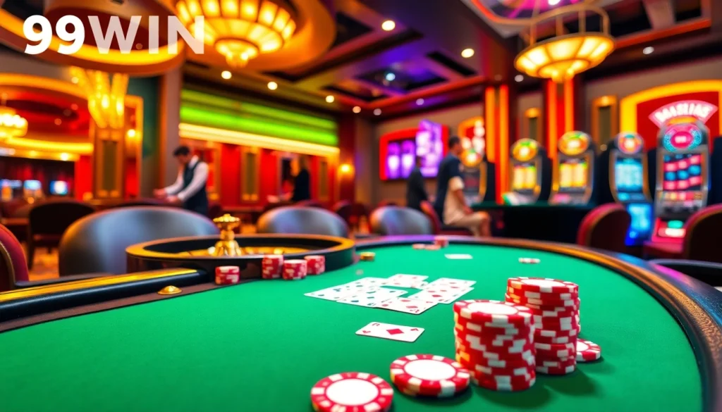Experience thrilling gameplay at 98WIN with a luxurious poker table and slots.