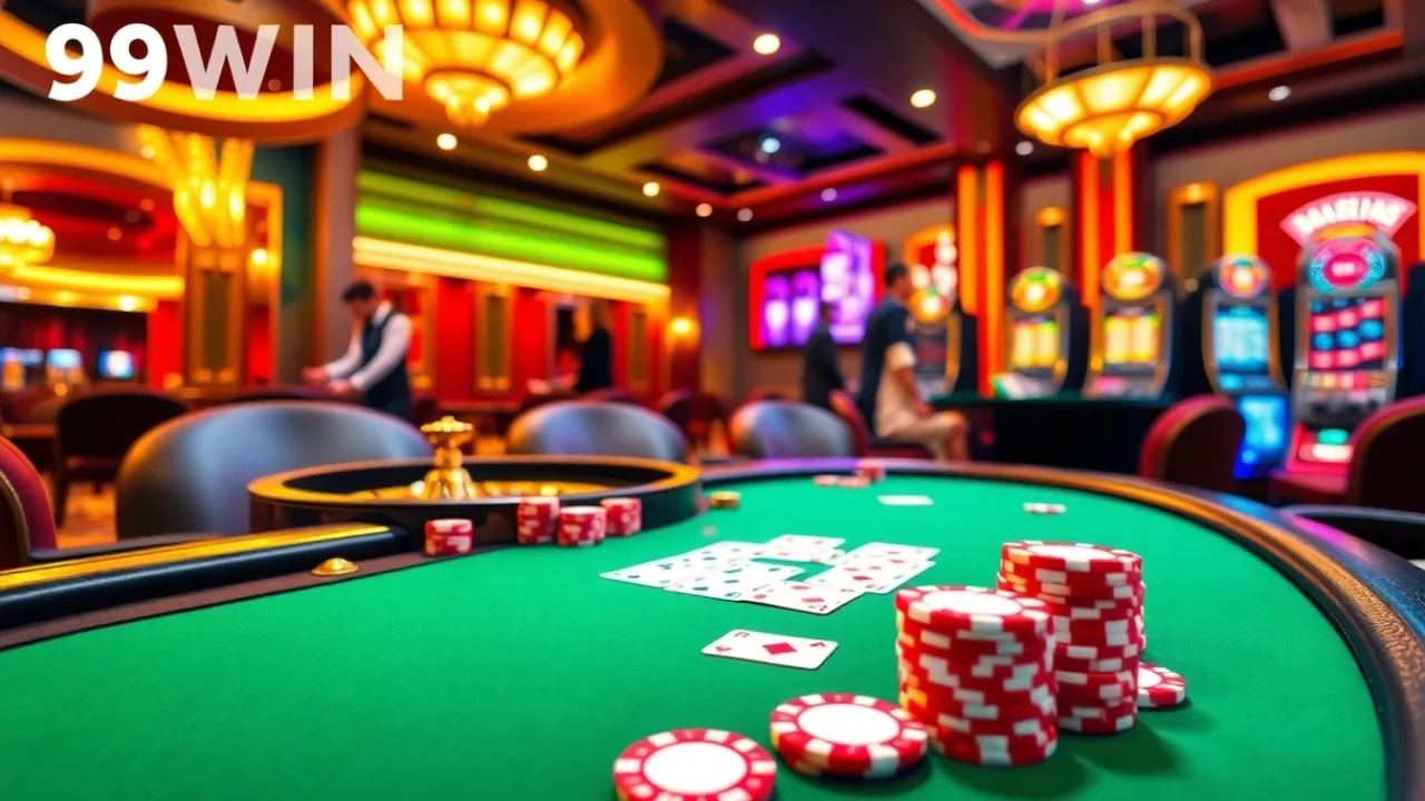 Experience thrilling gameplay at 98WIN with a luxurious poker table and slots.