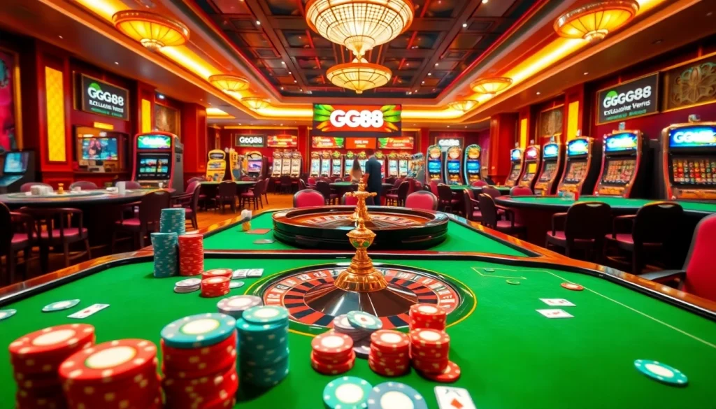 Experience the thrill of vibrant GG88 casino gaming with poker chips and a roulette wheel, showcasing luxury and excitement.