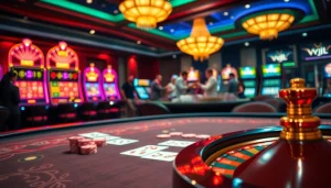 Experience the thrill of VVJL casino gaming with vibrant slot machines and an elegant poker table.