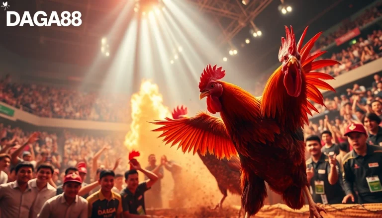 DAGA88 live cockfighting action with enthusiastic spectators and vibrant roosters at dagawin.live.