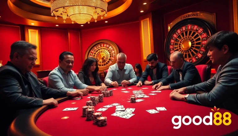 Experience the thrill of gaming at good88 with a vibrant casino atmosphere, poker chips, and roulette.