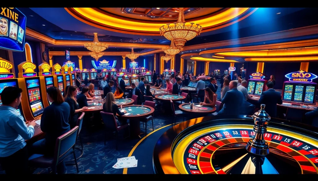 Experience the thrill of Sky88 casino games with vibrant slot machines and enthusiastic players.