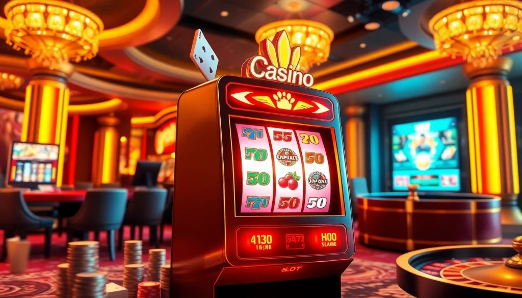 A thrilling nổ hũ slot machine glowing amidst a luxurious casino backdrop with poker chips and cards.