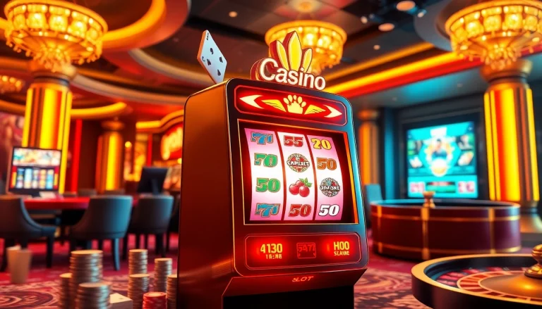 A thrilling nổ hũ slot machine glowing amidst a luxurious casino backdrop with poker chips and cards.
