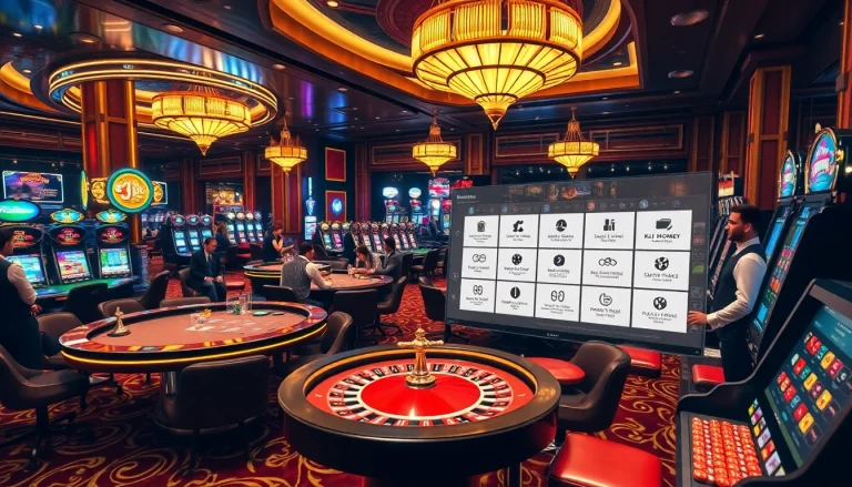 A dynamic casino scene at https://kjc.money/ with players engaged in poker and roulette, showcasing excitement and luxury.
