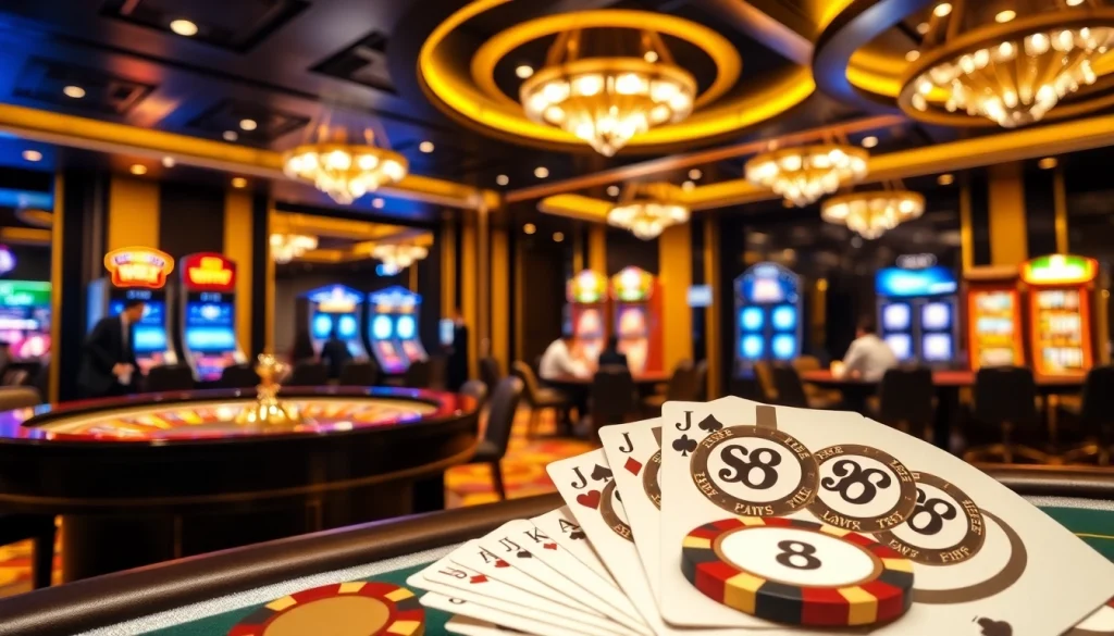 S8 poker chips on a luxury casino table showcasing an exciting gambling environment.
