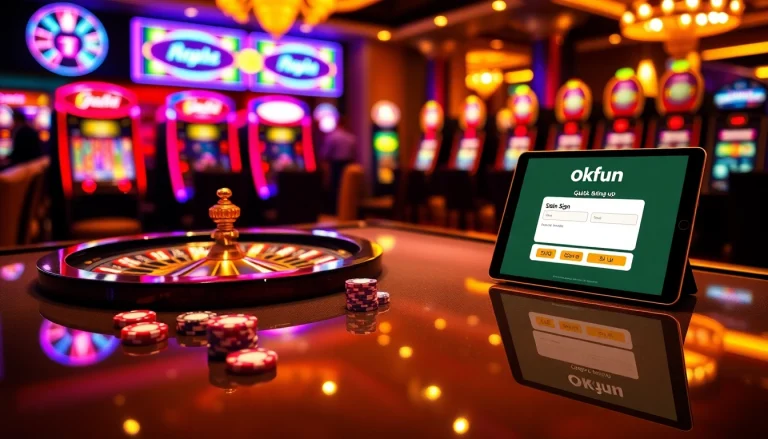 Engage with the thrilling experience of đăng ký okfun at a vibrant casino table with poker chips.