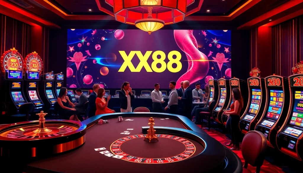 Engaging scene of gamblers enjoying various games at nhà cái xx88 casino, showcasing poker, slots, and roulette.