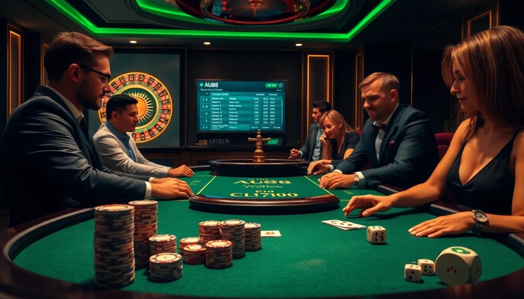 Experience AU88's vibrant gaming scene with luxurious poker tables and attentive dealers.