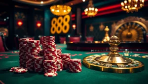 Playing poker at an elegant casino table featuring 88i chips and dramatic lighting for a thrilling atmosphere.