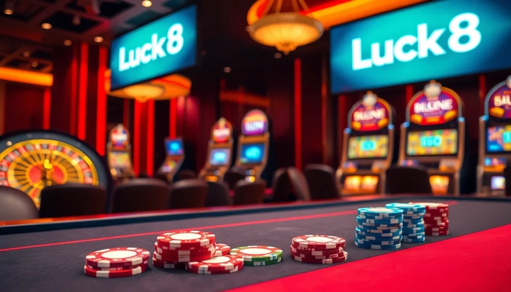 Luck8 casino gaming table with vibrant poker chips and cards in an elegant setting.