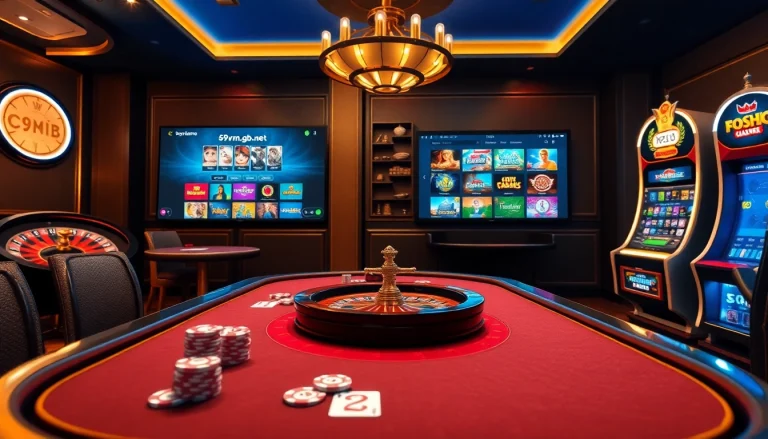 A thrilling gambling experience on 69vn.gb.net showcasing a luxurious online casino with poker, roulette, and slot machines.