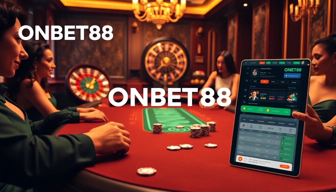 Action-packed ONBET88 casino table with poker chips and glamorous players engaged in exciting gameplay.