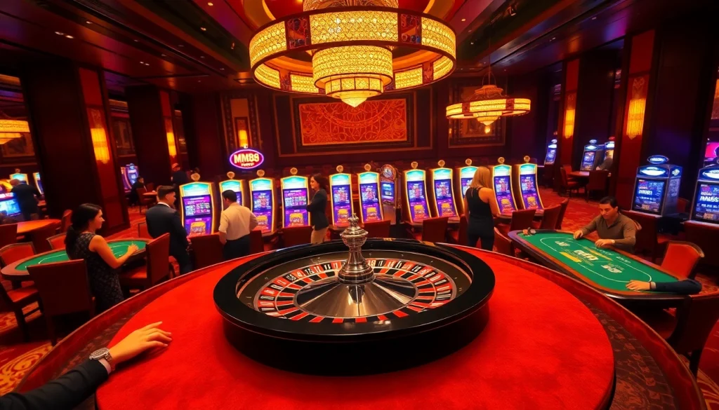 Experience the thrill of casino gaming at MM88 with vibrant roulette tables and slot machines.