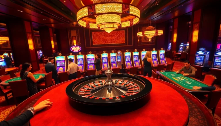 Experience the thrill of casino gaming at MM88 with vibrant roulette tables and slot machines.