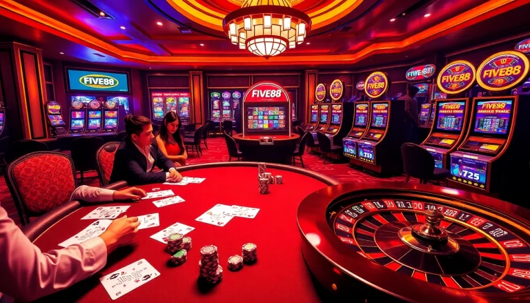 Players enjoying a high-stakes poker game at FIVE88 casino, showcasing luxury and excitement.