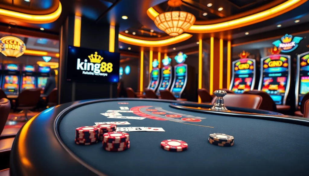 Experience the thrill of king88 with a luxurious casino scene featuring poker tables, roulette wheels, and slot machines.