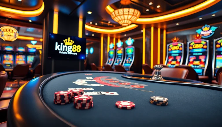 Experience the thrill of king88 with a luxurious casino scene featuring poker tables, roulette wheels, and slot machines.