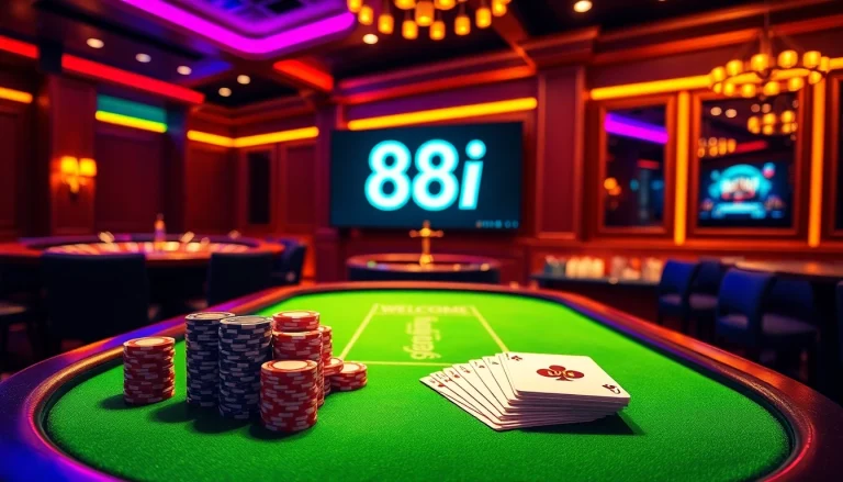 Experience the thrill of poker at 88i with vibrant chips and a luxurious table setup.