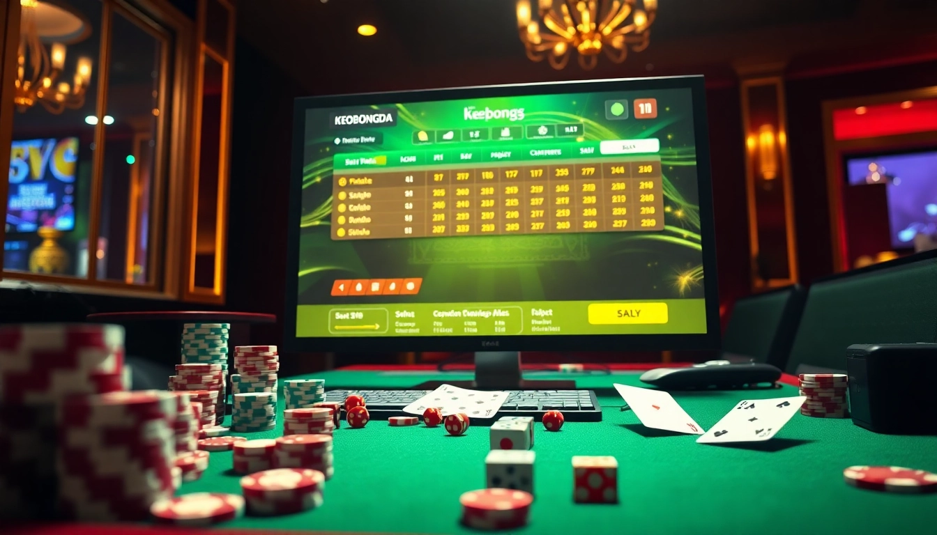 Exciting keobongda betting interface surrounded by casino elements like chips and cards.