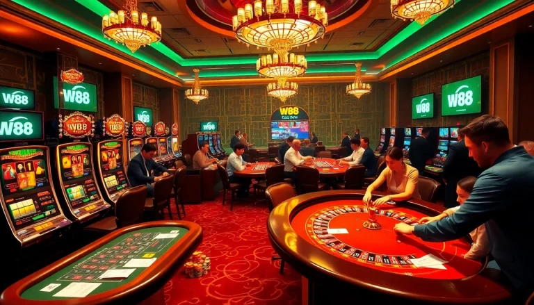 Gamblers enjoying high-stakes poker at a W88-themed casino with vibrant slot machines and roulette.