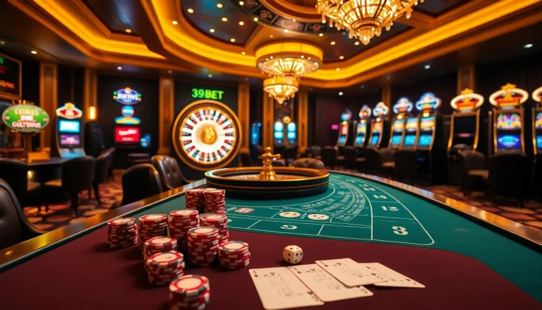 Players enjoying high-stakes gaming at a 39BET casino table, with vibrant chips and cards.